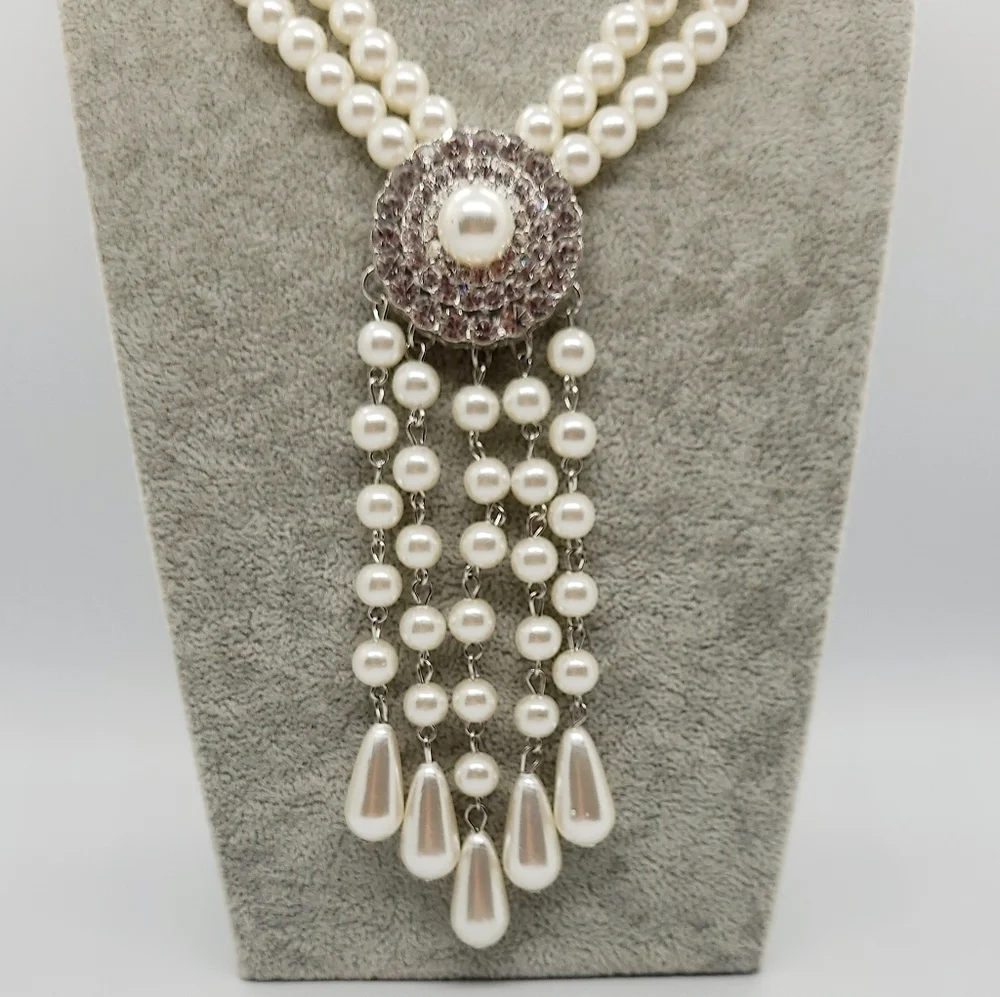 NWT Pearl Crystal Tassel Art Deco Silver Necklace & Earrings Set